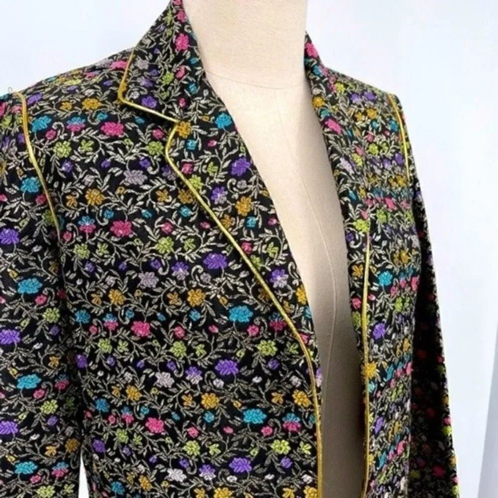 Vintage Marshall Rousso open front blazer 10 BoxH metallic floral embroidery